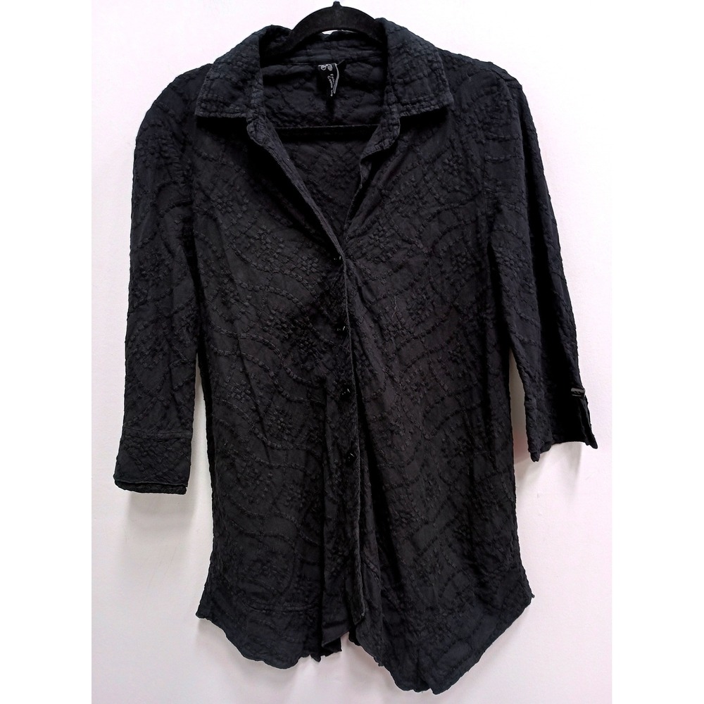 Focus Casual Life Lagenlook Top Womens Small Black Textured 3/4 Sleeve Artsy